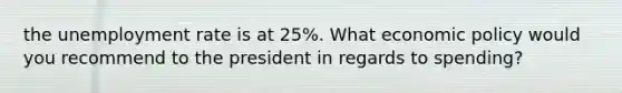 the unemployment rate is at 25%. What economic policy would you recommend to the president in regards to spending?