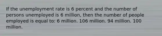 If the <a href='https://www.questionai.com/knowledge/kh7PJ5HsOk-unemployment-rate' class='anchor-knowledge'>unemployment rate</a> is 6 percent and the number of persons unemployed is 6 million, then the number of people employed is equal to: 6 million. 106 million. 94 million. 100 million.