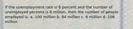 If the unemployment rate is 6 percent and the number of unemployed persons is 6 million, then the number of people employed is: a. 100 million b. 94 million c. 6 million d. 106 million