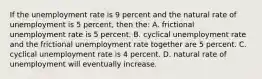 If the unemployment rate is 9 percent and the natural rate of unemployment is 5 percent, then the: A. frictional unemployment rate is 5 percent. B. cyclical unemployment rate and the frictional unemployment rate together are 5 percent. C. cyclical unemployment rate is 4 percent. D. natural rate of unemployment will eventually increase.