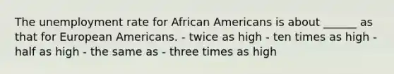 The unemployment rate for African Americans is about ______ as that for European Americans. - twice as high - ten times as high - half as high - the same as - three times as high