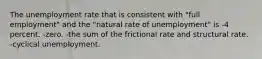 The unemployment rate that is consistent with​ "full employment" and the​ "natural rate of​ unemployment" is -4 percent. -zero. -the sum of the frictional rate and structural rate. -cyclical unemployment.