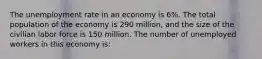 The unemployment rate in an economy is 6%. The total population of the economy is 290 million, and the size of the civilian labor force is 150 million. The number of unemployed workers in this economy is: