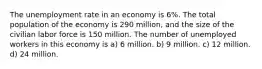 The unemployment rate in an economy is 6%. The total population of the economy is 290 million, and the size of the civilian labor force is 150 million. The number of unemployed workers in this economy is a) 6 million. b) 9 million. c) 12 million. d) 24 million.