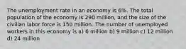 The unemployment rate in an economy is 6%. The total population of the economy is 290 million, and the size of the civilian labor force is 150 million. The number of unemployed workers in this economy is a) 6 million b) 9 million c) 12 million d) 24 million