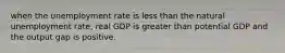 when the unemployment rate is less than the natural unemployment rate, real GDP is greater than potential GDP and the output gap is positive.