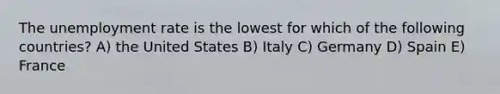 The unemployment rate is the lowest for which of the following countries? A) the United States B) Italy C) Germany D) Spain E) France