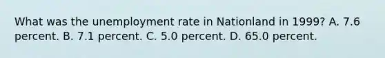 What was the <a href='https://www.questionai.com/knowledge/kh7PJ5HsOk-unemployment-rate' class='anchor-knowledge'>unemployment rate</a> in Nationland in 1999? A. 7.6 percent. B. 7.1 percent. C. 5.0 percent. D. 65.0 percent.