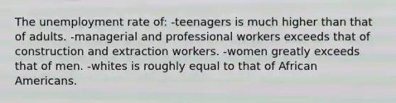 The <a href='https://www.questionai.com/knowledge/kh7PJ5HsOk-unemployment-rate' class='anchor-knowledge'>unemployment rate</a> of: -teenagers is much higher than that of adults. -managerial and professional workers exceeds that of construction and extraction workers. -women greatly exceeds that of men. -whites is roughly equal to that of <a href='https://www.questionai.com/knowledge/kktT1tbvGH-african-americans' class='anchor-knowledge'>african americans</a>.