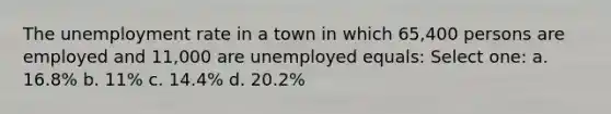 The unemployment rate in a town in which 65,400 persons are employed and 11,000 are unemployed equals: Select one: a. 16.8% b. 11% c. 14.4% d. 20.2%