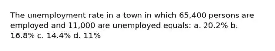 The <a href='https://www.questionai.com/knowledge/kh7PJ5HsOk-unemployment-rate' class='anchor-knowledge'>unemployment rate</a> in a town in which 65,400 persons are employed and 11,000 are unemployed equals: a. 20.2% b. 16.8% c. 14.4% d. 11%