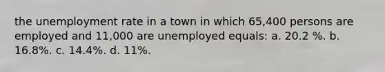 the unemployment rate in a town in which 65,400 persons are employed and 11,000 are unemployed equals: a. 20.2 %. b. 16.8%. c. 14.4%. d. 11%.