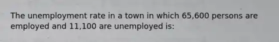 The unemployment rate in a town in which 65,600 persons are employed and 11,100 are unemployed is: