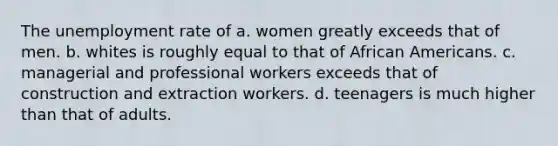 The unemployment rate of a. women greatly exceeds that of men. b. whites is roughly equal to that of African Americans. c. managerial and professional workers exceeds that of construction and extraction workers. d. teenagers is much higher than that of adults.