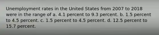 <a href='https://www.questionai.com/knowledge/kh7PJ5HsOk-unemployment-rate' class='anchor-knowledge'>unemployment rate</a>s in the United States from 2007 to 2018 were in the range of a. 4.1 percent to 9.3 percent. b. 1.5 percent to 4.5 percent. c. 1.5 percent to 4.5 percent. d. 12.5 percent to 15.7 percent.