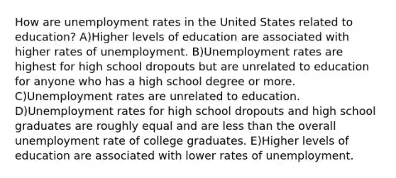 How are unemployment rates in the United States related to education? A)Higher levels of education are associated with higher rates of unemployment. B)Unemployment rates are highest for high school dropouts but are unrelated to education for anyone who has a high school degree or more. C)Unemployment rates are unrelated to education. D)Unemployment rates for high school dropouts and high school graduates are roughly equal and are less than the overall unemployment rate of college graduates. E)Higher levels of education are associated with lower rates of unemployment.