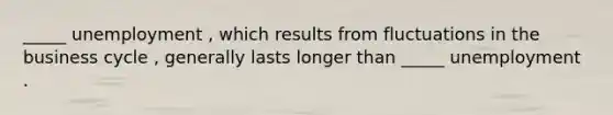 _____ unemployment , which results from fluctuations in the business cycle , generally lasts longer than _____ unemployment .