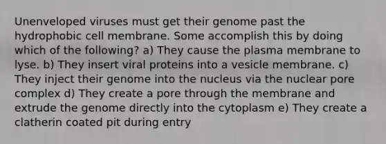 Unenveloped viruses must get their genome past the hydrophobic cell membrane. Some accomplish this by doing which of the following? a) They cause the plasma membrane to lyse. b) They insert viral proteins into a vesicle membrane. c) They inject their genome into the nucleus via the nuclear pore complex d) They create a pore through the membrane and extrude the genome directly into the cytoplasm e) They create a clatherin coated pit during entry