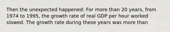 Then the unexpected happened: For more than 20 years, from 1974 to 1995, the growth rate of real GDP per hour worked slowed. The growth rate during these years was more than