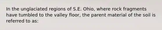 In the unglaciated regions of S.E. Ohio, where rock fragments have tumbled to the valley floor, the parent material of the soil is referred to as: