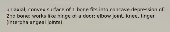 uniaxial; convex surface of 1 bone fits into concave depression of 2nd bone; works like hinge of a door; elbow joint, knee, finger (interphalangeal joints).