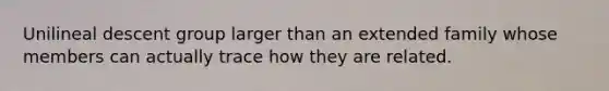 Unilineal descent group larger than an extended family whose members can actually trace how they are related.