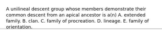 A unilineal descent group whose members demonstrate their common descent from an apical ancestor is a(n) A. extended family. B. clan. C. family of procreation. D. lineage. E. family of orientation.