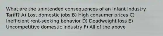 What are the unintended consequences of an Infant Industry Tariff? A) Lost domestic jobs B) High consumer prices C) Inefficient rent-seeking behavior D) Deadweight loss E) Uncompetitive domestic industry F) All of the above