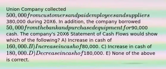 Union Company collected 500,000 from customers and paid employees and suppliers380,000 during 20X6. In addition, the company borrowed 50,000 from the bank and purchased equipment for90,000 cash. The company's 20X6 Statement of Cash Flows would show which of the following? A) Increase in cash of 160,000. B) Increase in cash of80,000. C) Increase in cash of 180,000. D) Decrease in cash of180,000. E) None of the above is correct.