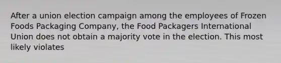 After a union election campaign among the employees of Frozen Foods Packaging Company, the Food Packagers International Union does not obtain a majority vote in the election. This most likely violates