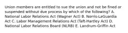 Union members are entitled to sue the union and not be fined or suspended without due process by which of the​ following? A. National Labor Relations Act​ (Wagner Act) B. Norris-LaGuardia Act C. Labor Management Relations Act​ (Taft-Hartley Act) D. National Labor Relations Board​ (NLRB) E. Landrum-Griffin Act