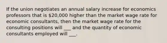 If the union negotiates an annual salary increase for economics professors that is 20,000 higher than the market wage rate for economic consultants, then the market wage rate for the consulting positions will ___ and the quantity of economic consultants employed will ___.