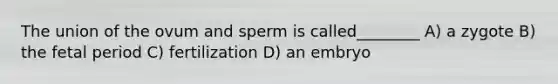 The union of the ovum and sperm is called________ A) a zygote B) the fetal period C) fertilization D) an embryo