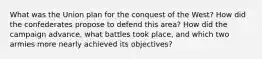 What was the Union plan for the conquest of the West? How did the confederates propose to defend this area? How did the campaign advance, what battles took place, and which two armies more nearly achieved its objectives?