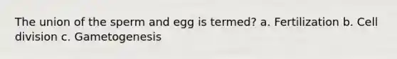 The union of the sperm and egg is termed? a. Fertilization b. <a href='https://www.questionai.com/knowledge/kjHVAH8Me4-cell-division' class='anchor-knowledge'>cell division</a> c. Gametogenesis