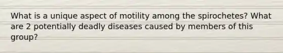 What is a unique aspect of motility among the spirochetes? What are 2 potentially deadly diseases caused by members of this group?