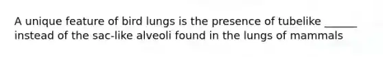 A unique feature of bird lungs is the presence of tubelike ______ instead of the sac-like alveoli found in the lungs of mammals