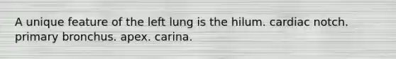 A unique feature of the left lung is the hilum. cardiac notch. primary bronchus. apex. carina.