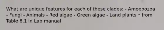 What are unique features for each of these clades: - Amoebozoa - Fungi - Animals - Red algae - Green algae - Land plants * from Table 8.1 in Lab manual