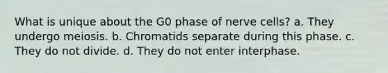 What is unique about the G0 phase of nerve cells? a. They undergo meiosis. b. Chromatids separate during this phase. c. They do not divide. d. They do not enter interphase.