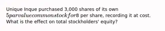 Unique Inque purchased 3,000 shares of its own 5 par value common stock for8 per share, recording it at cost. What is the effect on total stockholders' equity?