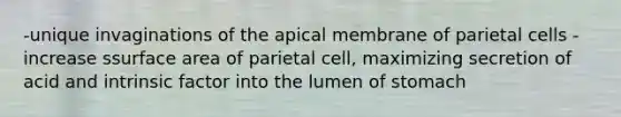 -unique invaginations of the apical membrane of parietal cells -increase ssurface area of parietal cell, maximizing secretion of acid and intrinsic factor into the lumen of stomach