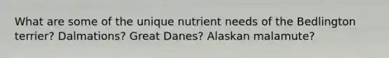 What are some of the unique nutrient needs of the Bedlington terrier? Dalmations? Great Danes? Alaskan malamute?