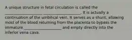 A unique structure in fetal circulation is called the ____________________ ____________________. It is actually a continuation of the umbilical vein. It serves as a shunt, allowing most of the blood returning from the placenta to bypass the immature ____________________ and empty directly into the inferior vena cava.