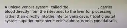 A unique venous system, called the ________________, carries blood directly from the intestines to the liver for processing rather than directly into the inferior vena cava. hepatic portal system superior mesenteric vein saphenous vein gonadal vein