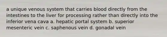 a unique venous system that carries blood directly from the intestines to the liver for processing rather than directly into the inferior vena cava a. hepatic portal system b. superior mesenteric vein c. saphenous vein d. gonadal vein