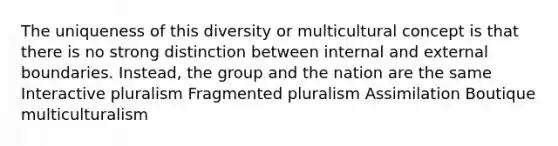 The uniqueness of this diversity or multicultural concept is that there is no strong distinction between internal and external boundaries. Instead, the group and the nation are the same Interactive pluralism Fragmented pluralism Assimilation Boutique multiculturalism