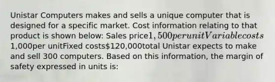 Unistar Computers makes and sells a unique computer that is designed for a specific market. Cost information relating to that product is shown below: Sales price1,500per unitVariable costs 1,000per unitFixed costs120,000total Unistar expects to make and sell 300 computers. Based on this information, the margin of safety expressed in units is: