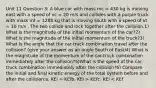 Unit 11 Question 3: A blue car with mass mc = 430 kg is moving east with a speed of vc = 20 m/s and collides with a purple truck with mass mt = 1288 kg that is moving south with a speed of vt = 10 m/s . The two collide and lock together after the collision.1) What is the magnitude of the initial momentum of the car?2) What is the magnitude of the initial momentum of the truck?3) What is the angle that the car-truck combination travel after the collision? (give your answer as an angle South of East)4) What is the magnitude of the momentum of the car-truck combination immediately after the collision?5)What is the speed of the car-truck combination immediately after the collision?6) Compare the initial and final kinetic energy of the total system before and after the collision:a. KEi = KEfb. KEi > KEfc. KEi < KEf