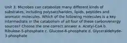 Unit 3: Microbes can catabolize many different kinds of substrates, including polysaccharides, lipids, peptides and aromatic molecules. Which of the following molecules is a key intermediate in the catabolism of all four of these carbon/energy sources? Choose the one correct answer a. Acetyl-CoA b. Ribulose-5-phosphate c. Glucose-6-phosphate d. Glyceraldehyde-3-phosphate